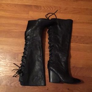Wedge black knee lace boots